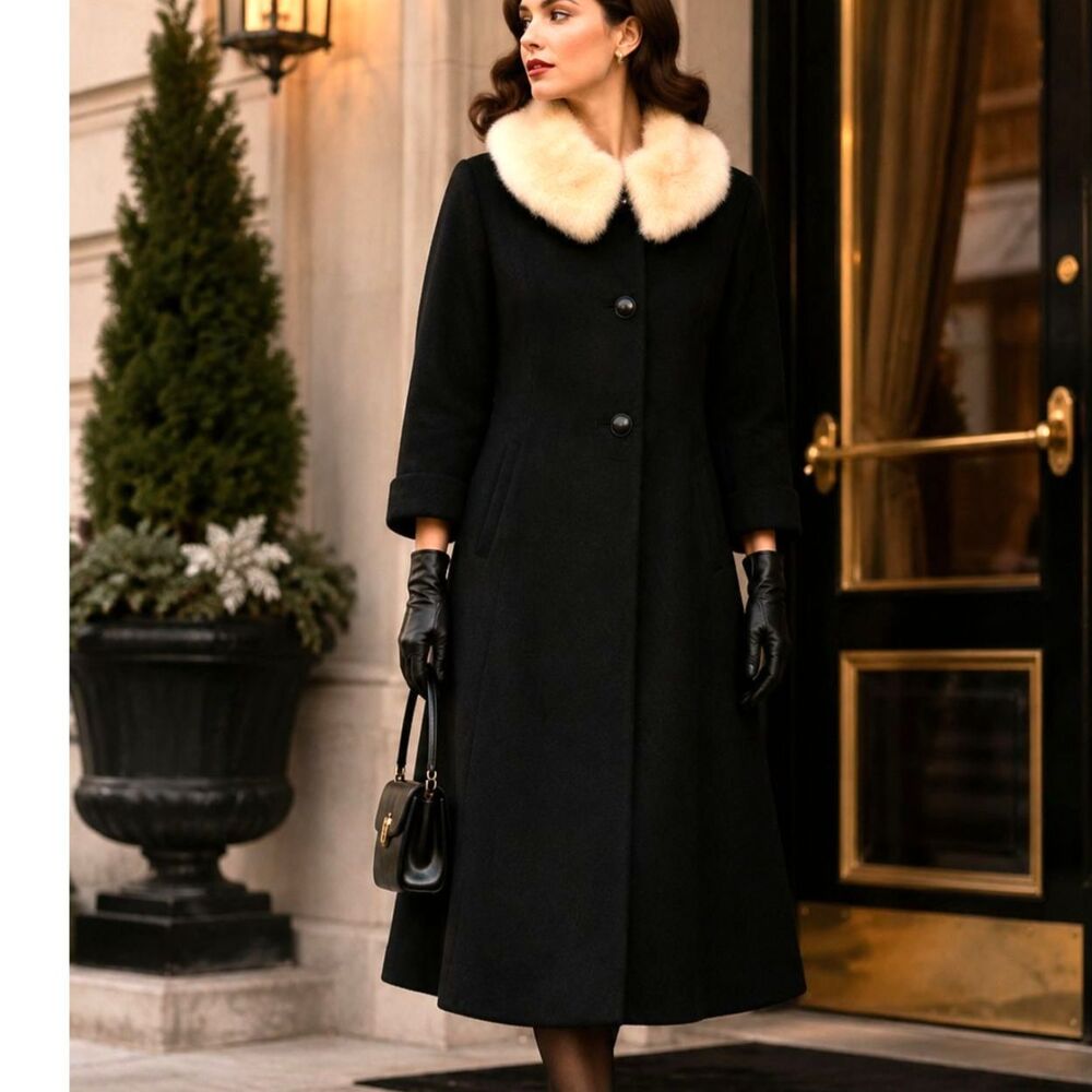 Vintage Black Wool Fur Collar Coat L XL Union Made Old Hollywood Winter Glam
